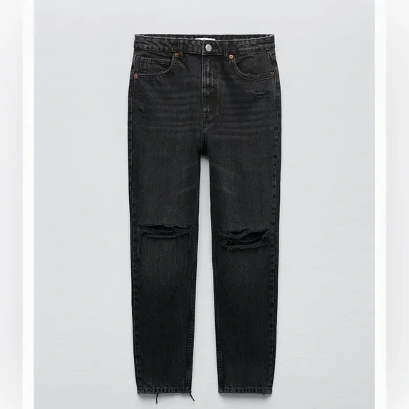 Zara Mom Fit Jeans Straight Leg Ripped Black - Picture 2 of 12